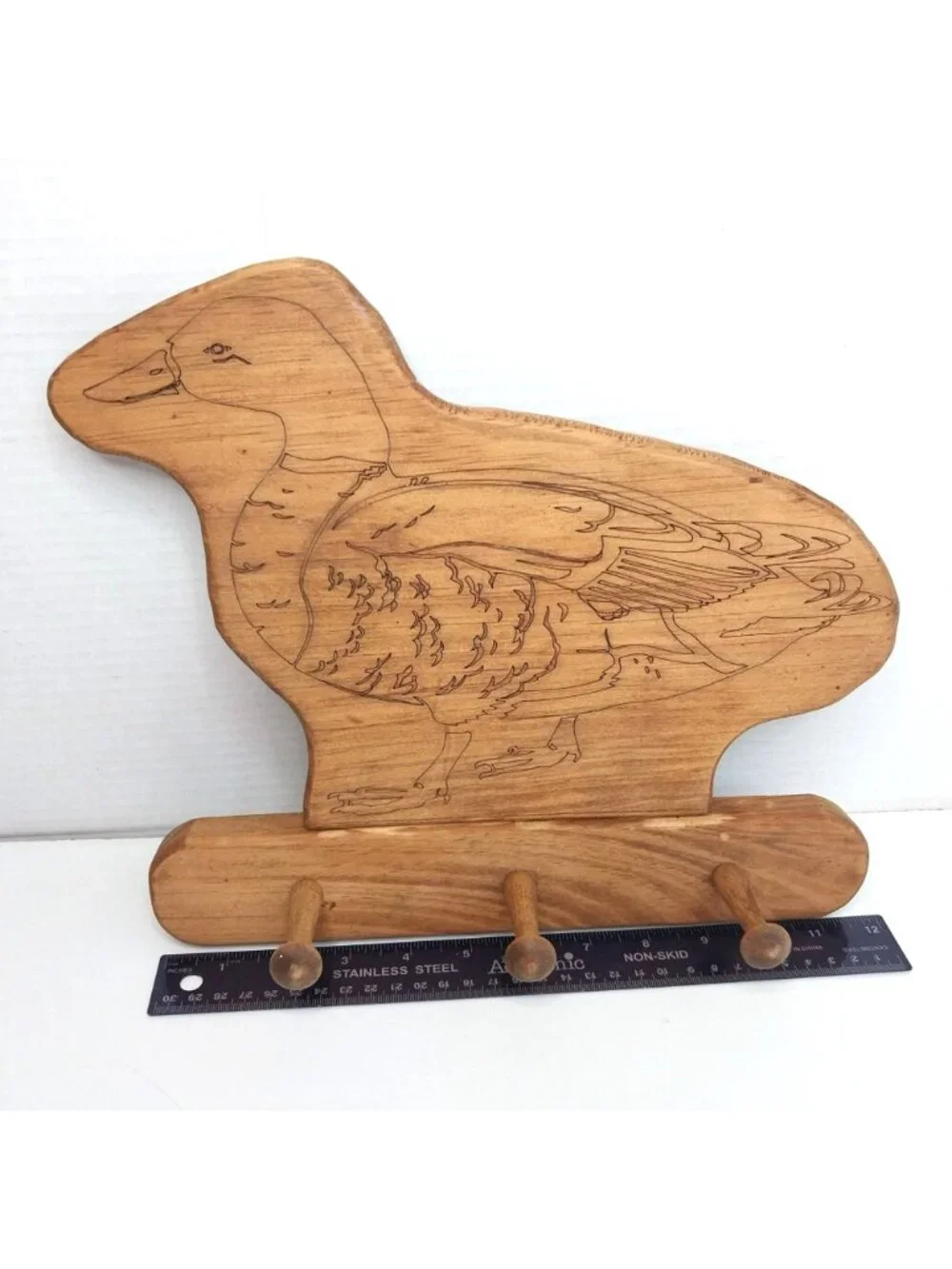 Wooden Goose Duck Wall Rack Key Hook 3 Pegs Rustic Decor Towel Holder